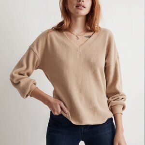 MADEWELL Waffle Knit V-Neck Long-Sleeve Sweater - Toasted Sesame (Tan) - Size: M